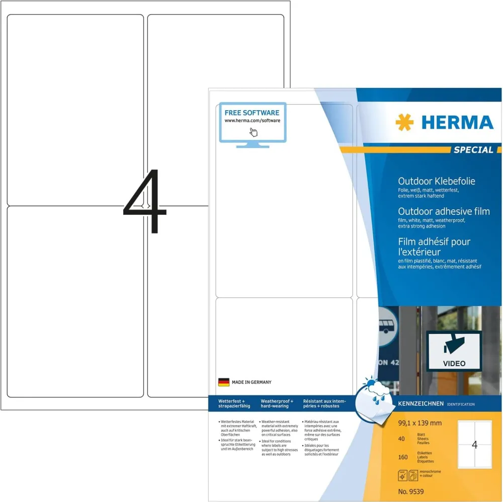 Etichete autoadezive pentru exterior Herma 9539 folie A4 99,1 x 139 mm albe 160 buc