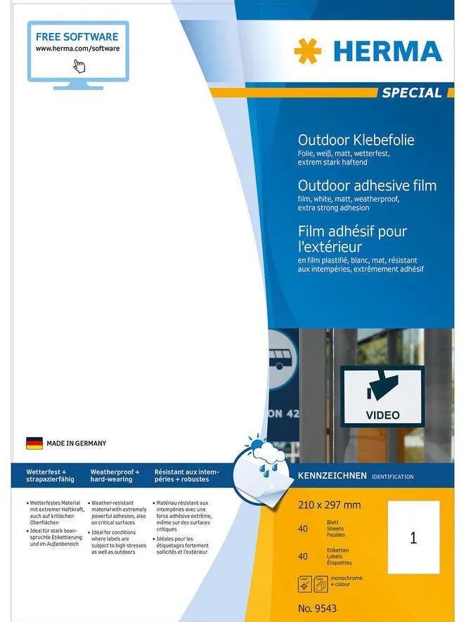 Etichete autoadezive Herma 9543 A4 folie pentru exterior alb 210x297 mm 40 buc