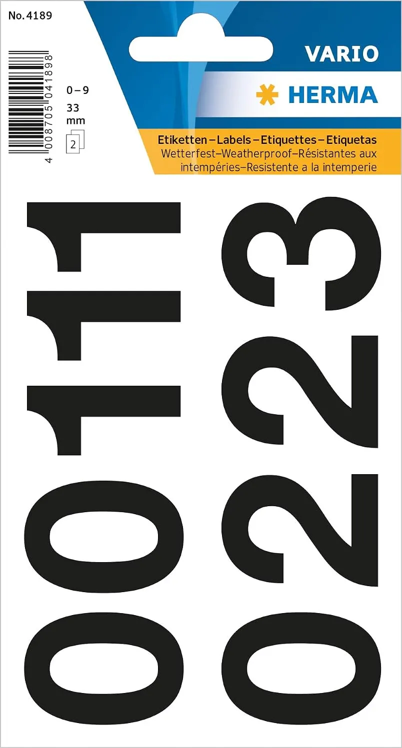 Etichete autoadezive cu cifre Herma 4189 0-9 33 mm folie rezistenta la intemperii negru 2 coli