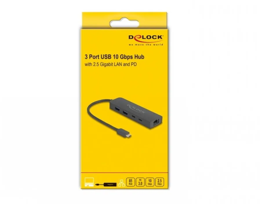 Hub USB-C DELOCK 64110 10 Gbps 5 porturi cu LAN 2.5 Gigabit si PD 85 W