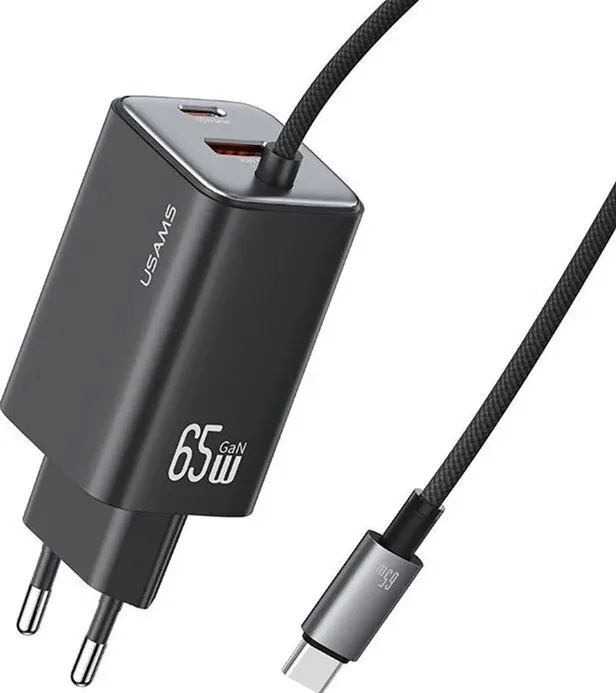 Incarcator retea USAMS GaN 65W USB-A + USB-C cu cablu USB-C negru