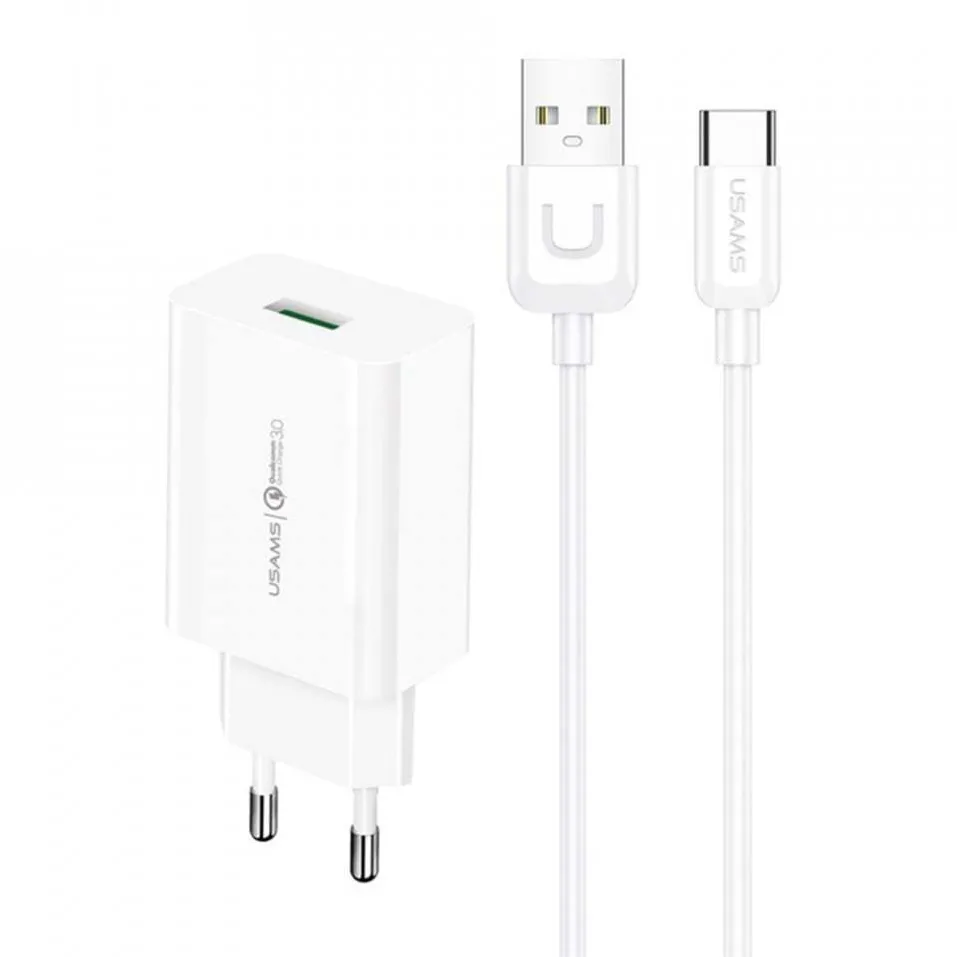 Incarcator retea USAMS T22 18W QC 3.0 USB-A cu cablu USB-C alb