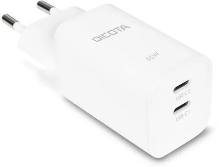 Incarcator retea DICOTA D32184 GaN 65W 2x USB-C cu cablu USB-C 1,5 m alb
