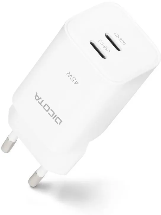 Incarcator retea DICOTA D32182 GaN 45W 2x USB-C cu cablu USB-C 1,5 m alb