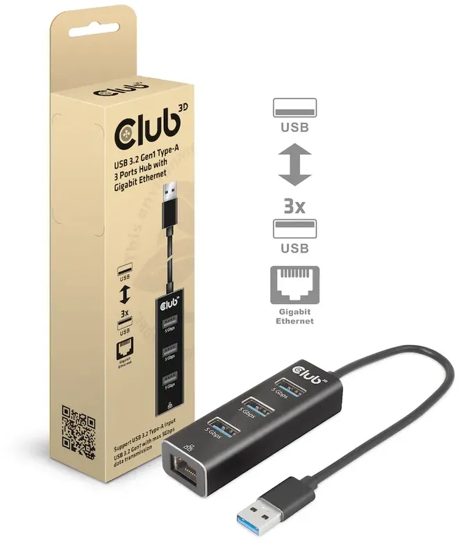 Club3D Adapter USB 3.2 Typ A > 3x USB 3.2 Typ A/LAN retail