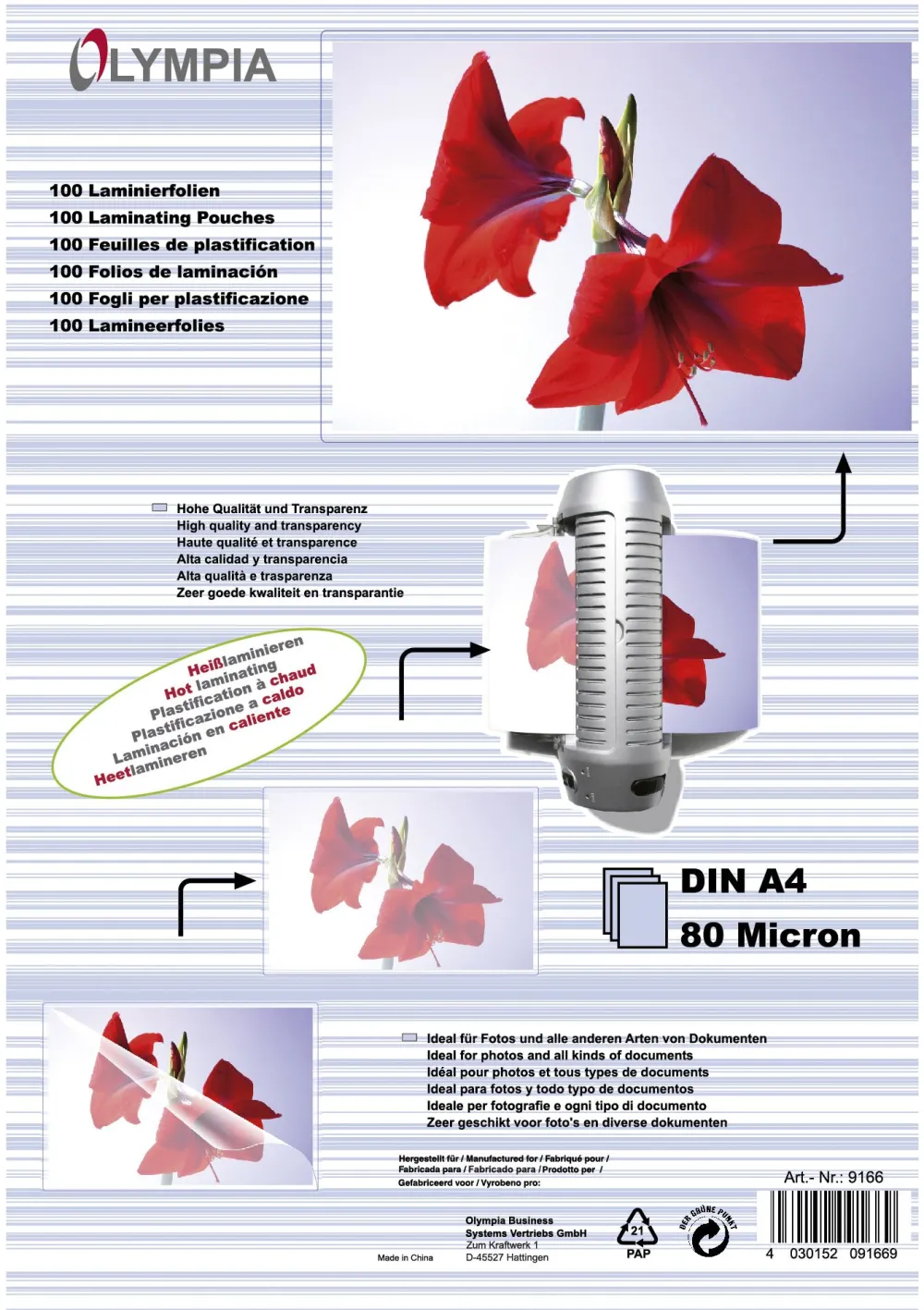 Olympia Laminierfolie DIN A4 80 Mic 100 Stück transp.