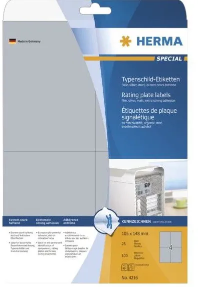 HERMA Typenschildetiketten A4 silb. 105x148 mm Folie 100 St.