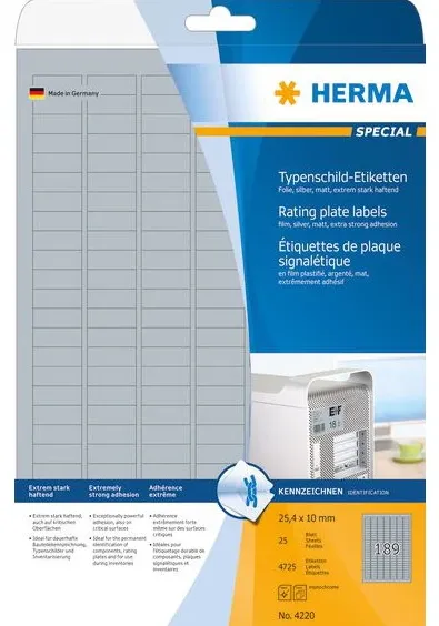 HERMA Typenschildetiketten A4 silber 25x10 mm Folie 4725 St.