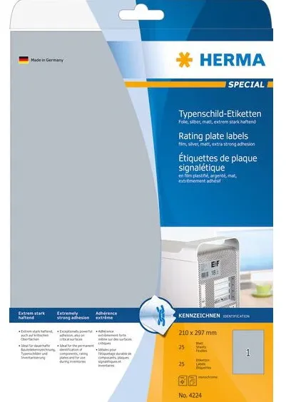 HERMA Typenschildetiketten A4 silb. 210x297 mm Folie 25 St.