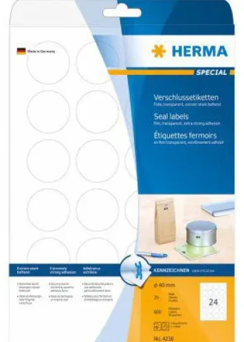 HERMA Verschlussetiketten transparent 40 mm Folie 600 St.