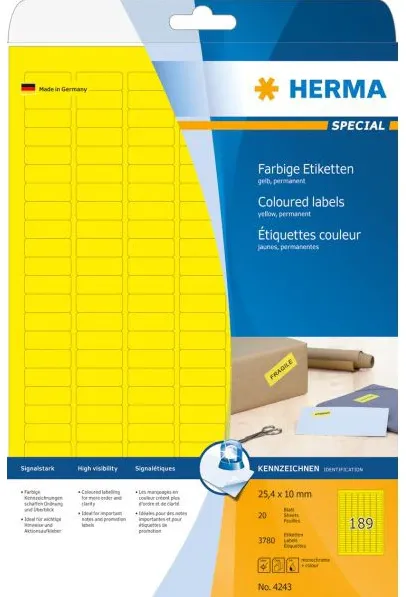 HERMA Etiketten A4 gelb 25,4x10 mm Papier matt 3780 St.