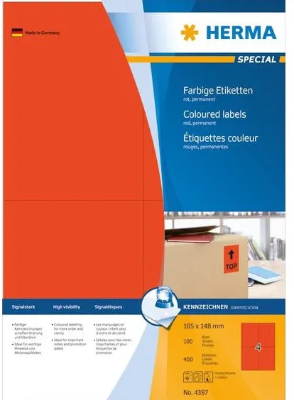 HERMA Etiketten A4 rot 105x148 mm Papier matt 400 St.