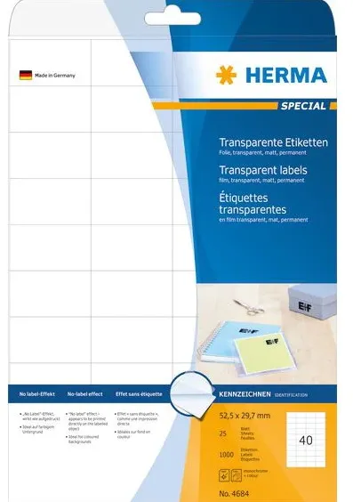 HERMA Etiketten transp. matt A4 52,5x29,7 mm Folie 1000 St.