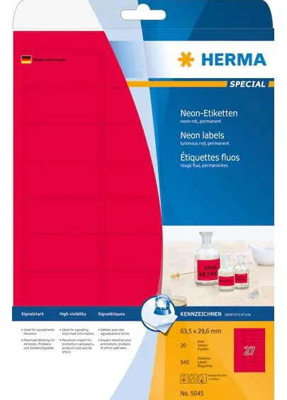 HERMA Etiketten A4 neon-rot 63,5x29,6 mm Papier matt 540 St.