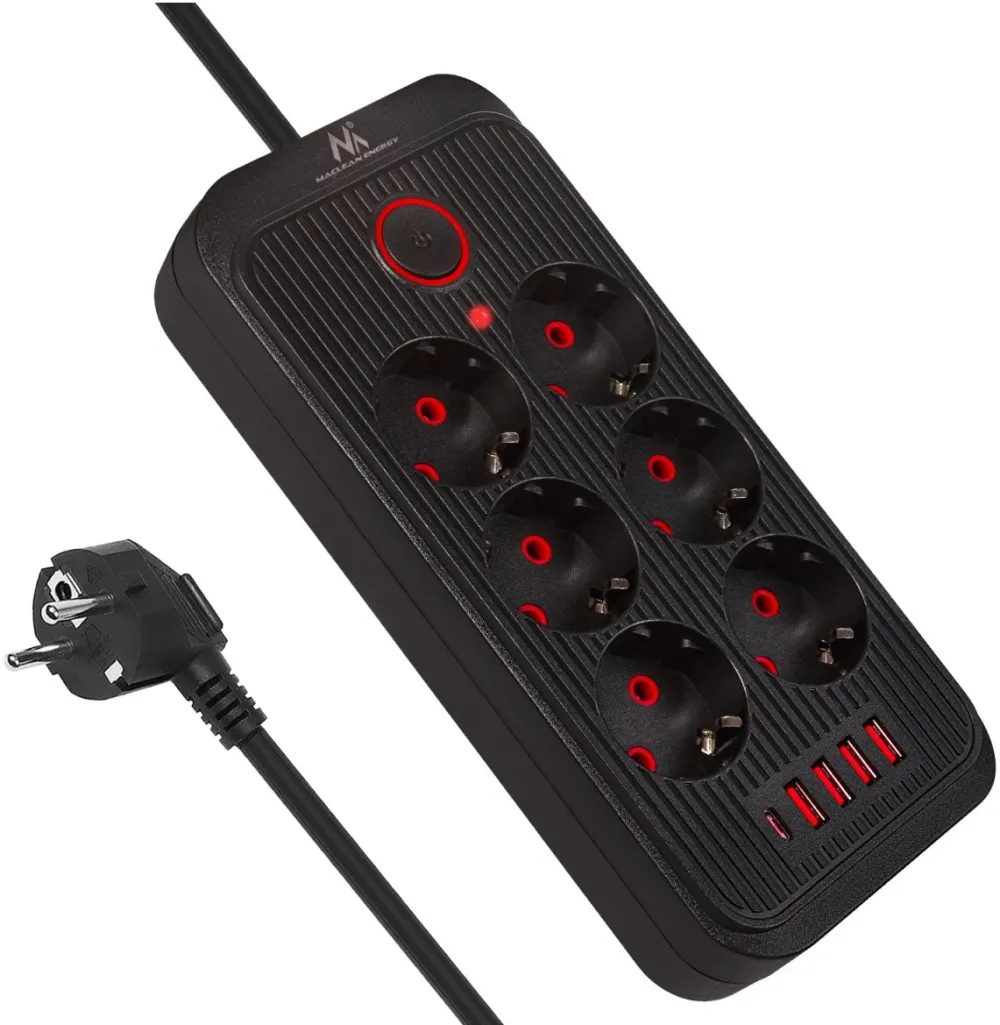 Power strip MCE391 B 6 sockets 4xUSB, 110-240V AC 50/60Hz, 2.1A max 2500W, black