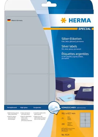 HERMA Etiketten A4 silber 99,1x67,7 mm Folie glänz. 200 St.