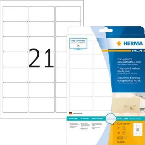 HERMA Etiketten transp. matt A4 63,5x38,1 mm Folie 525 St.