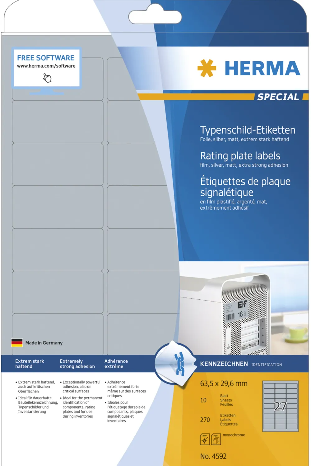 HERMA Typenschildetiketten A4 63.5x29.6 mm Folie 270 St.