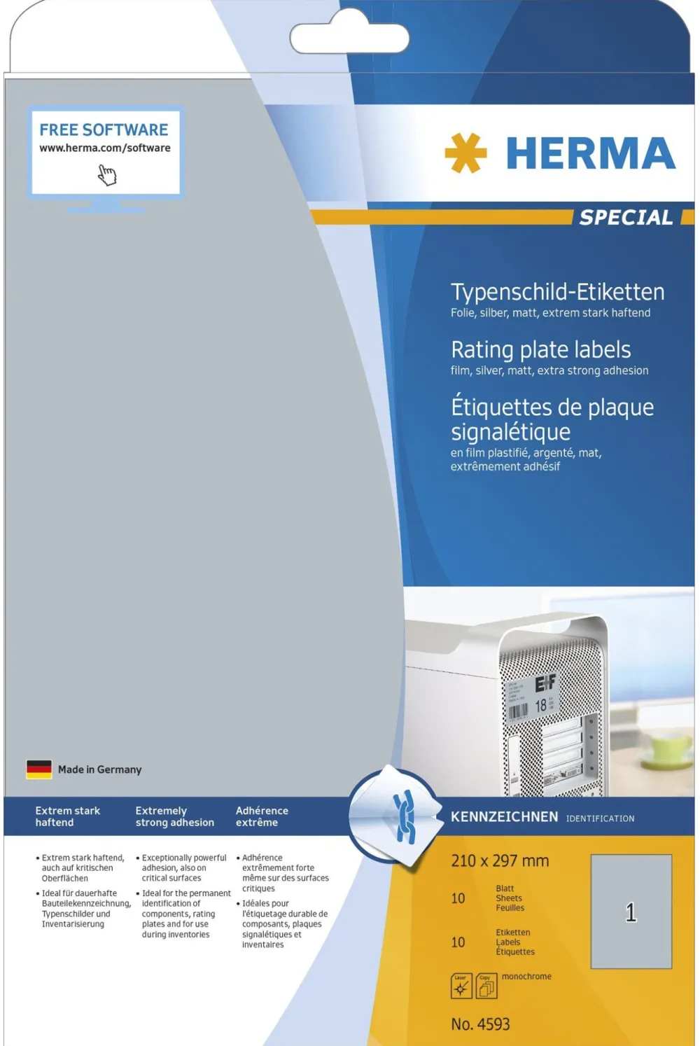 HERMA Typenschildetiketten A4 silb. 210x297 mm Folie 10 St.