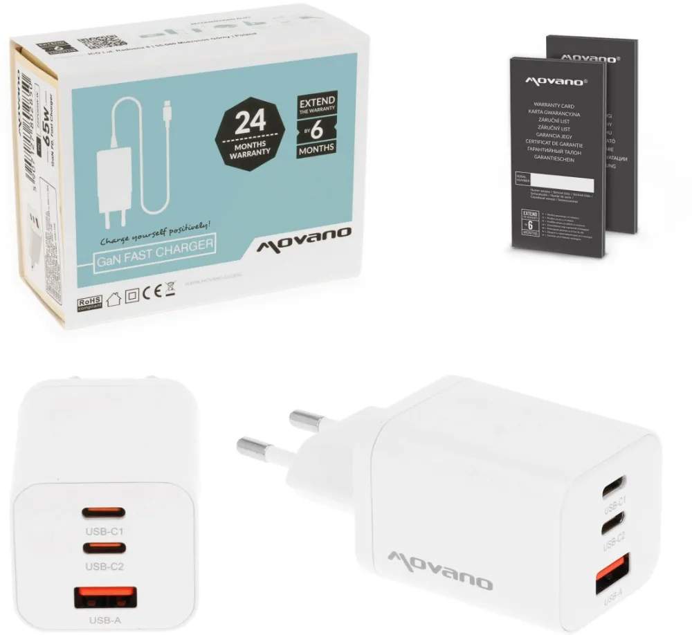 Incarcator retea Movano GaN 65W 2x USB-C PD + USB-A ZZ/PD65W-W alb