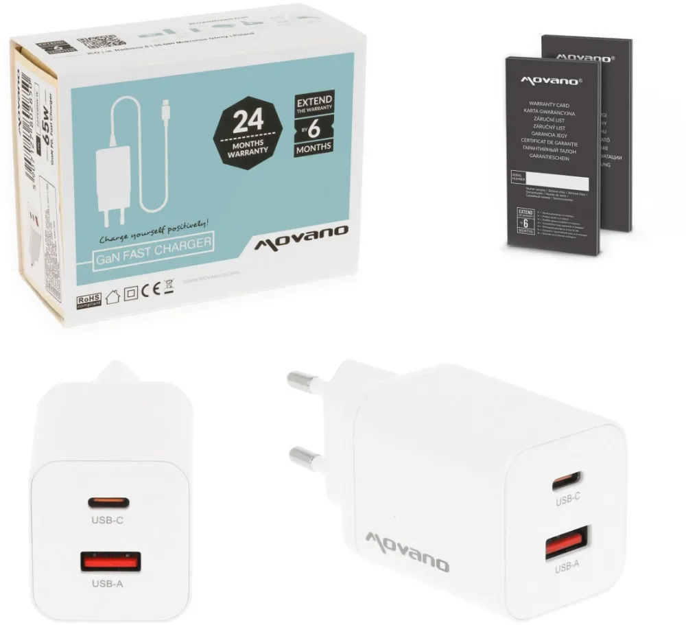 Incarcator telefon Movano GaN 45W USB-C PD USB-A alb