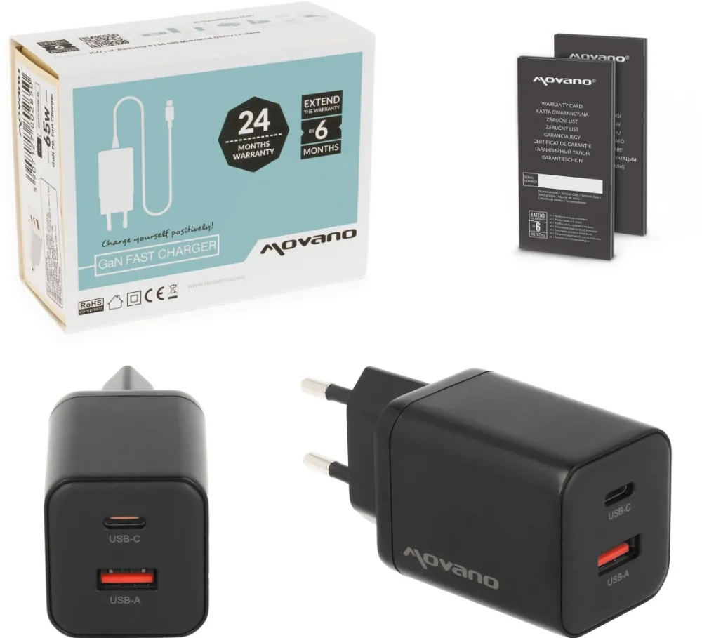 Incarcator telefon Movano GaN 45W USB-C PD USB-A negru