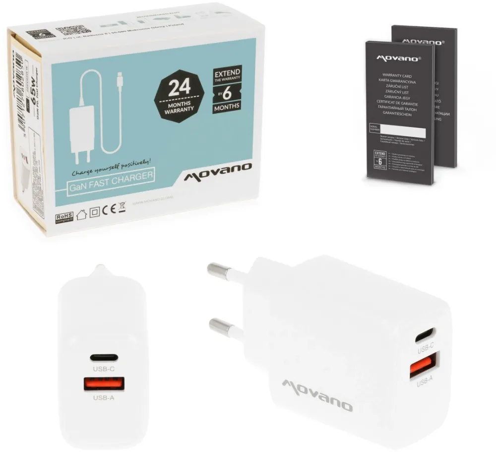 Incarcator telefon Movano GaN 30W alb USB-C PD USB-A