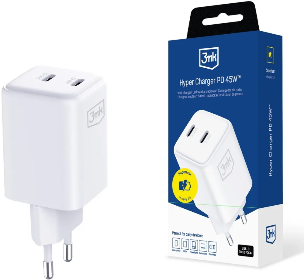 Incarcator retea 3MK Hyper Charger GaN 45W 2x USB-C PD QC4+ PPS alb
