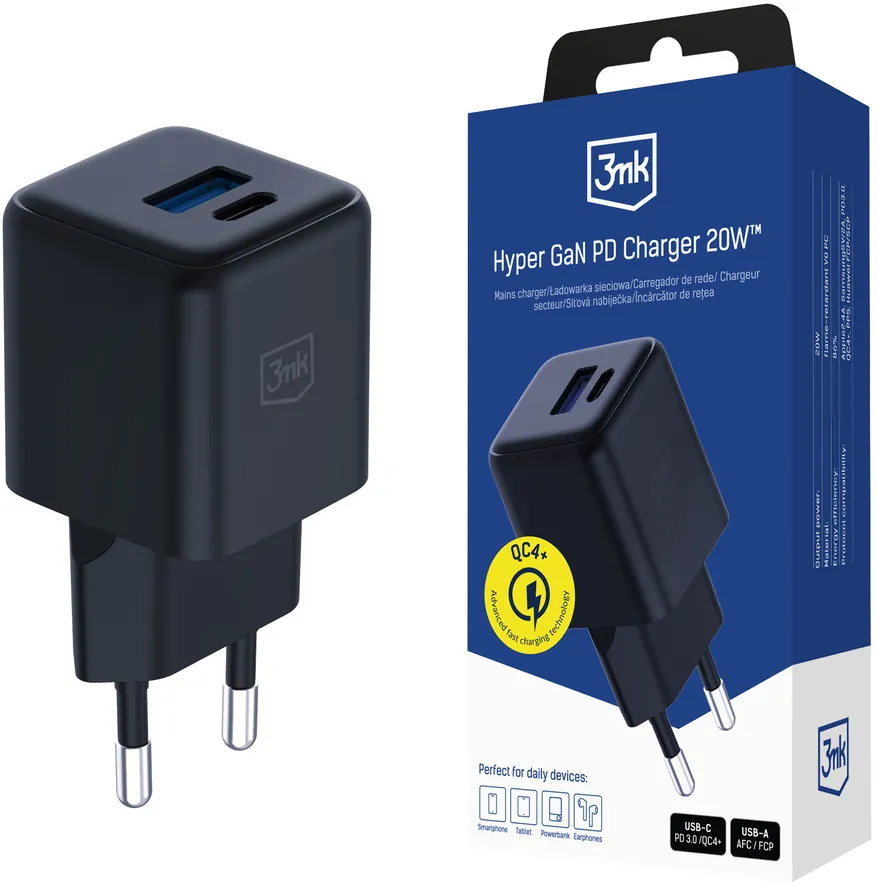 Incarcator retea 3MK Hyper GaN PD 20W QC4+ USB-A + USB-C negru