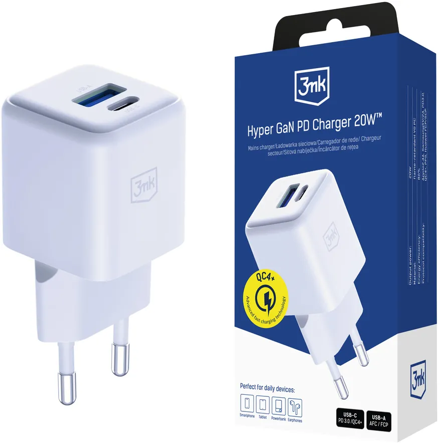 Incarcator retea 3MK Hyper GaN PD 20W QC4+ USB-A + USB-C alb