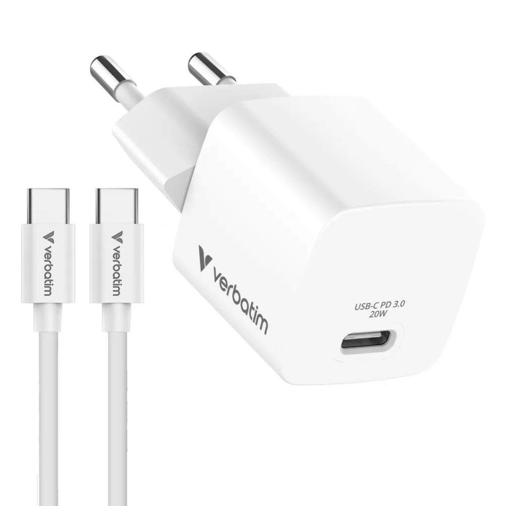 Incarcator retea VERBATIM Mini GaN 32396 20W USB-C PD 3.0 cu cablu USB-C 1 m alb