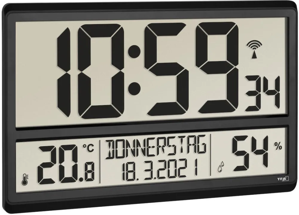 Ceas de perete digital radiocontrolat TFA 60.4520.01 cu climat interior negru