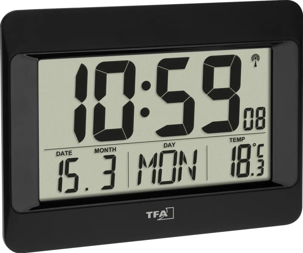 Ceas de perete radiocontrolat TFA 60.4519.01 cu temperatura negru