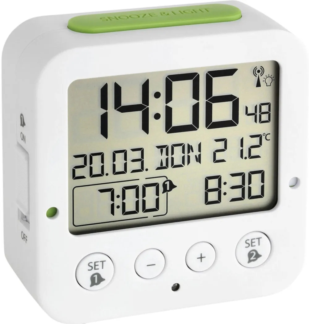 Ceas desteptator digital radiocontrolat TFA 60.2528.02 Bingo cu temperatura alb