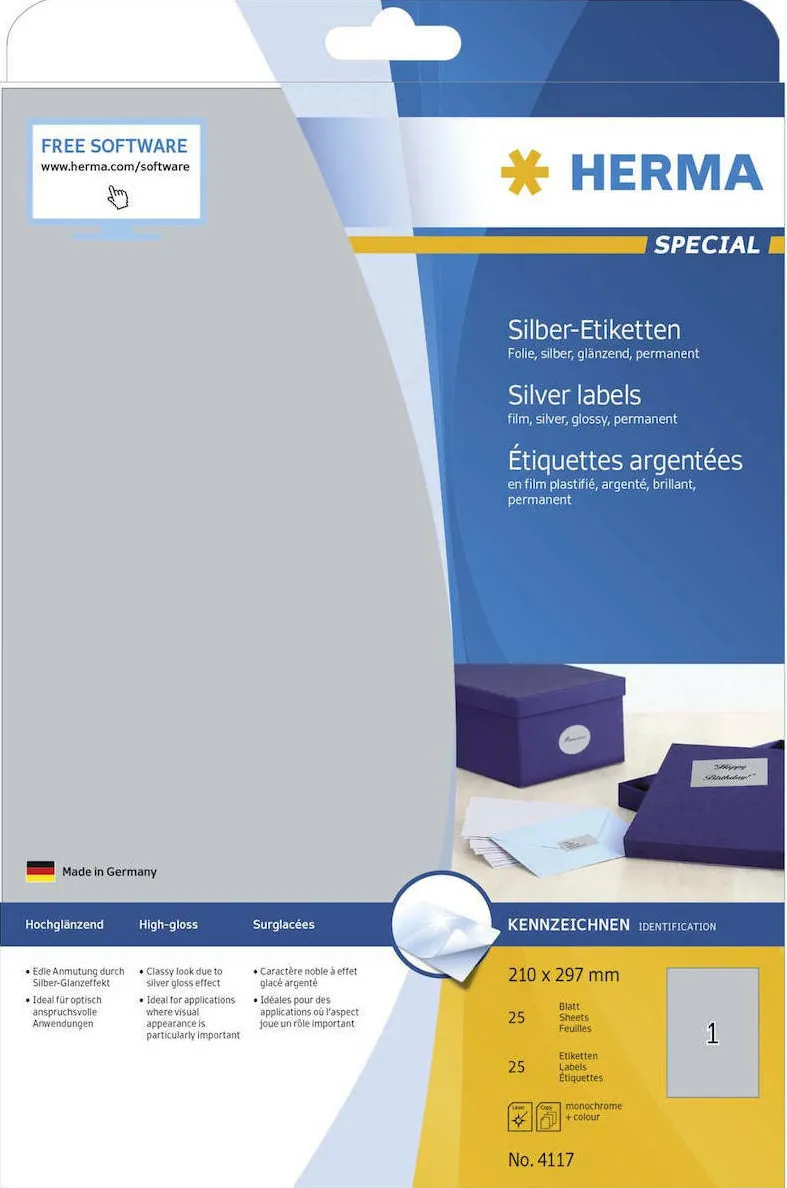 Etichete autoadezive Herma 4117 A4 argintii folie lucioasa 210x297 mm 25 buc
