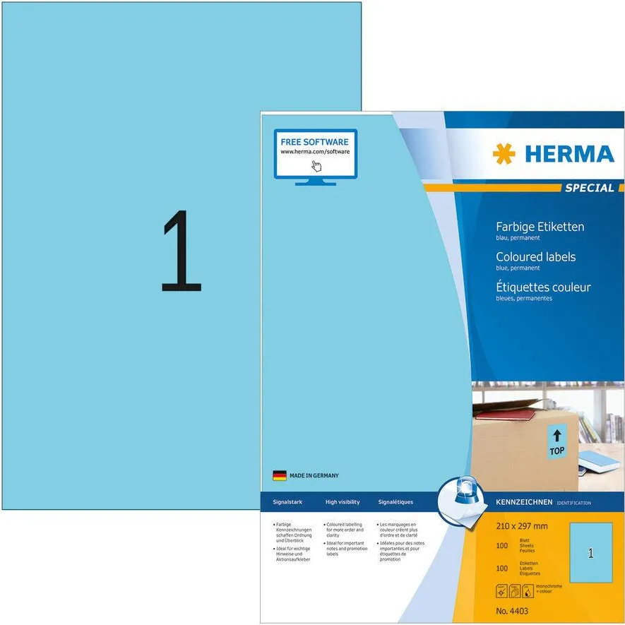 Etichete autoadezive Herma 4403 A4 albastre 210x297 mm 100 buc