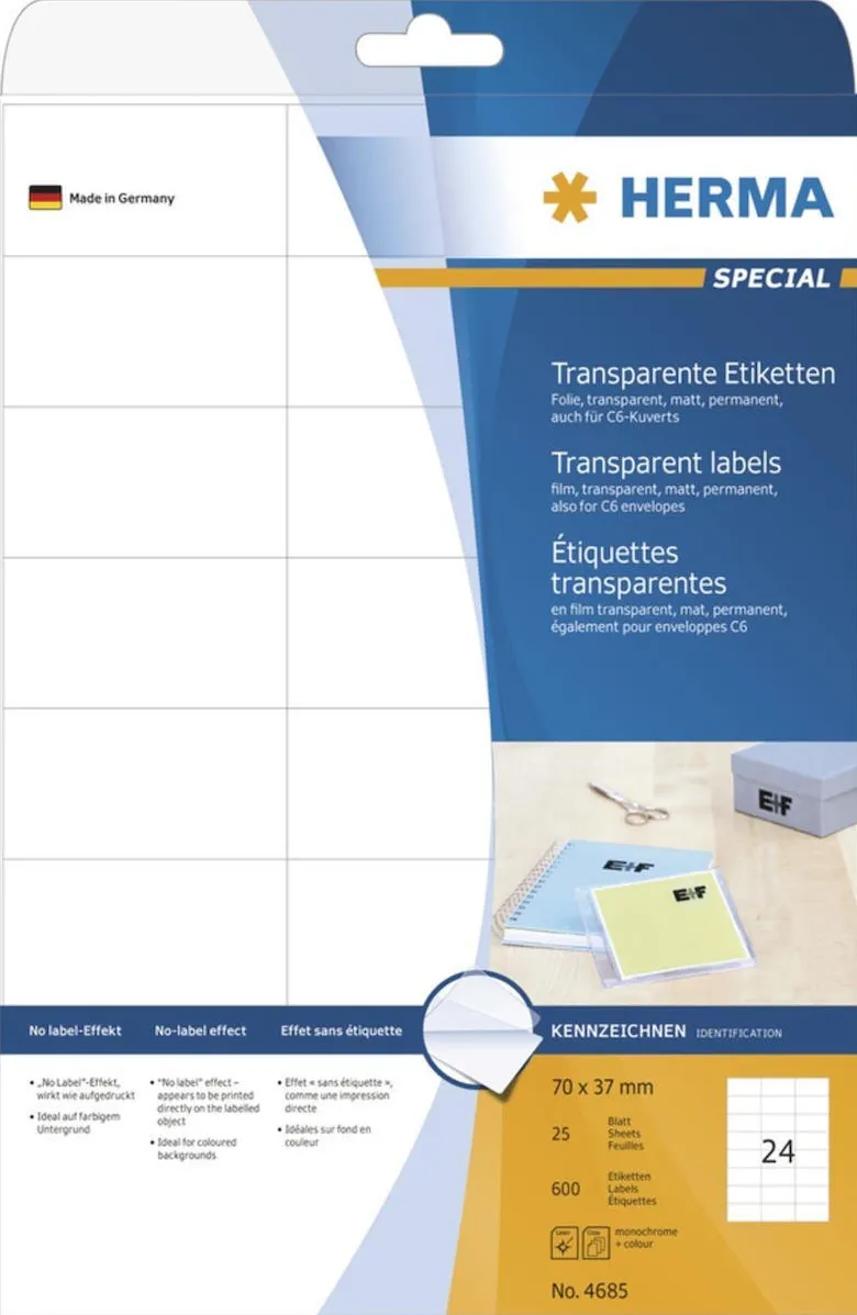 Etichete autoadezive Herma 4685 A4 transparente mate 70x37 mm 600 buc