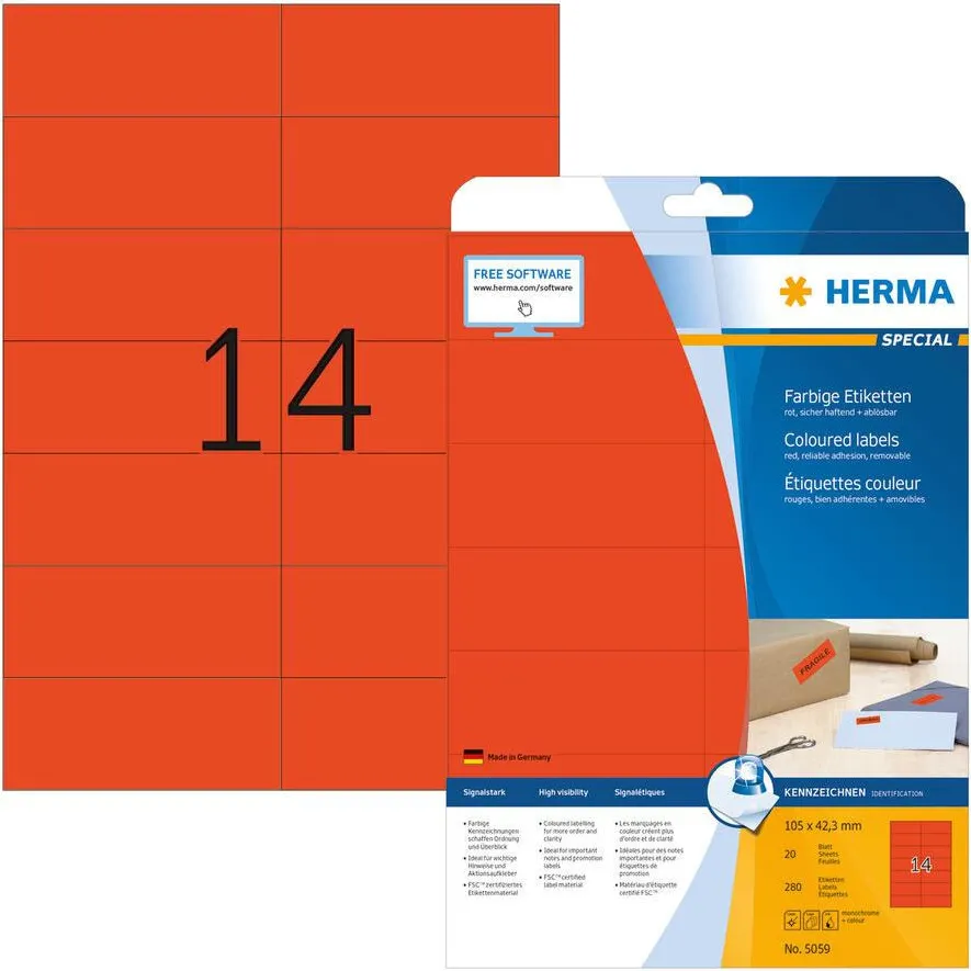 Etichete autoadezive Herma 5059 A4 rosii 105x42,3 mm 280 buc