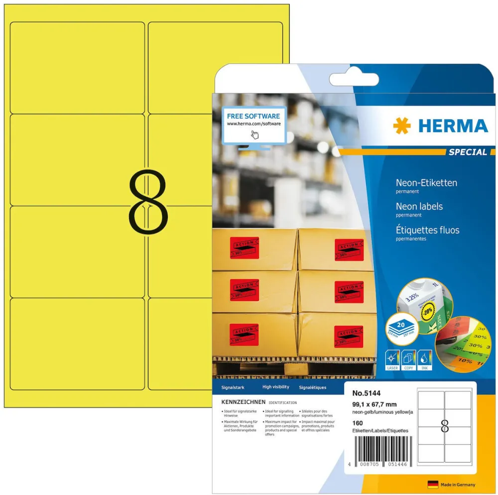 Etichete autoadezive Herma 5144 A4 galben neon 99,1x67,7 mm 160 buc