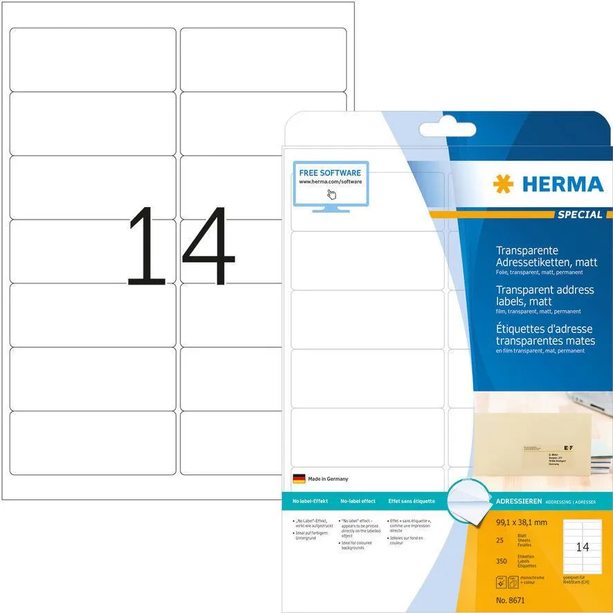 Etichete autoadezive Herma 8671 A4 transparente mate 99,1x38,1 mm 350 buc