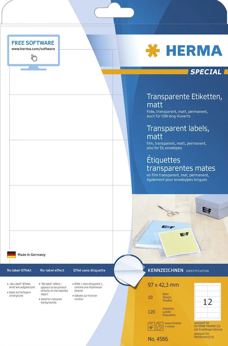 Etichete autoadezive Herma 4586 A4 transparente mate 97x42,3 mm rezistente la intemperii 120 buc