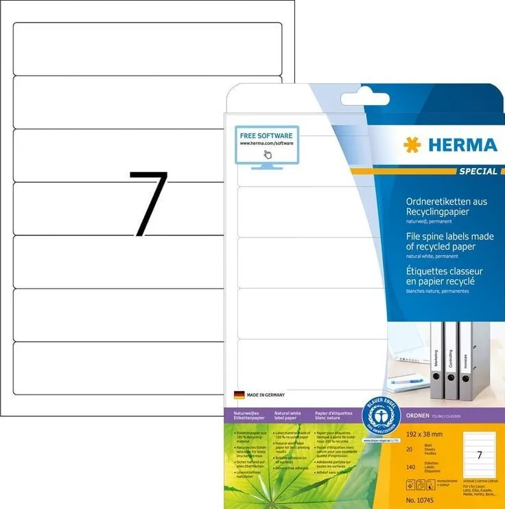 Etichete autoadezive pentru bibliorafturi Herma 10745 hartie reciclata A4 192x38 mm 140 buc