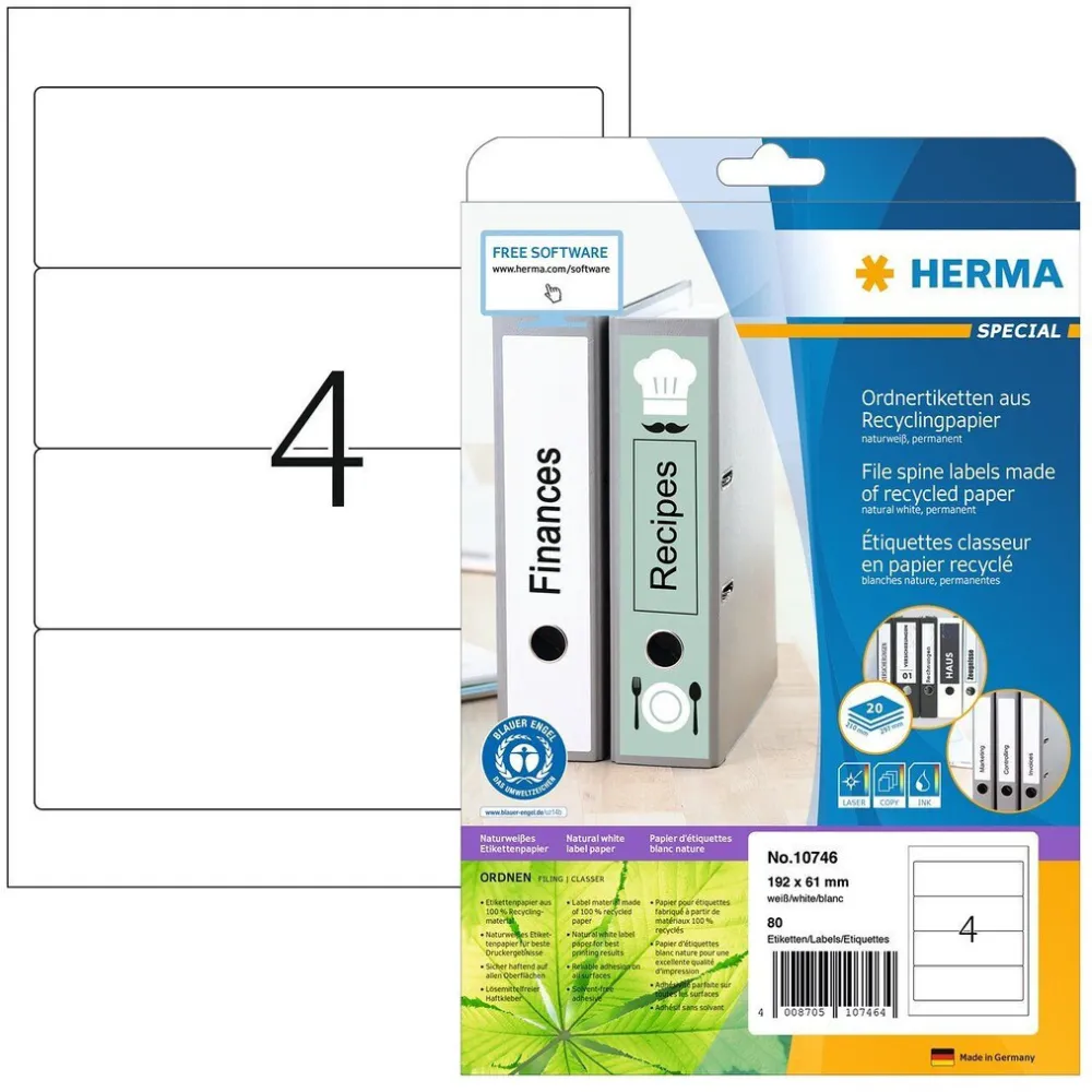 Etichete autoadezive pentru bibliorafturi Herma 10746 hartie reciclata A4 192x61 mm 80 buc