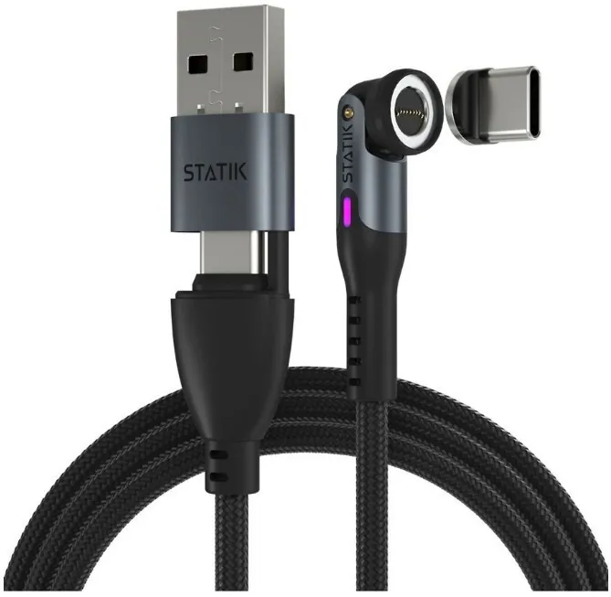 Cablu 6 in 1 STATIK 360Pro impletit rotativ cu 3 varfuri magnetice 2 m negru