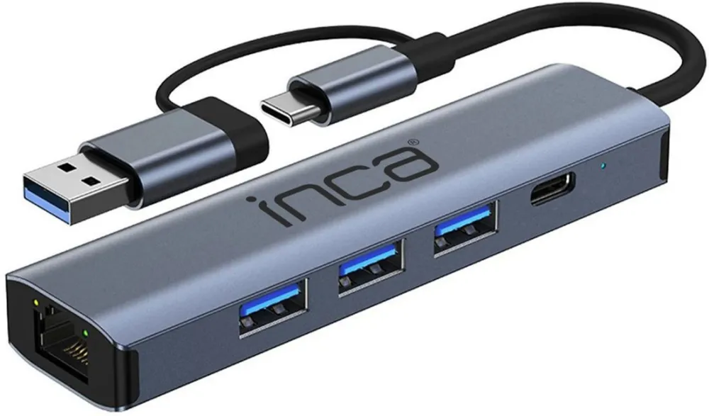 Hub USB INCA IUTP-5T USB-C/USB-A la 3x USB-A 3.0, USB-C, RJ45 Gigabit gri