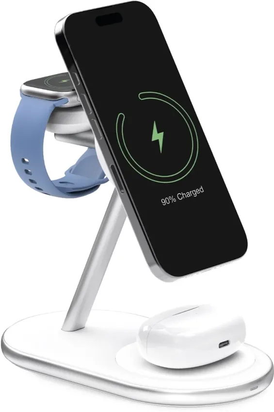 Puro Mag Station Qi2 3-in-1 Wireless Charger Compatible with MagSafe - White
