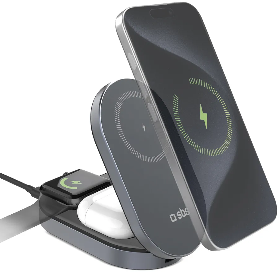 SBS 3-in-1 Foldable Wireless Charging Station QI2 MFI - Made for iPhone - Black