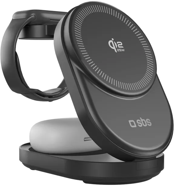 SBS Qi2.2 25W Inductive 3-in-1 Foldable Charging Station with MFI Certificate - Black