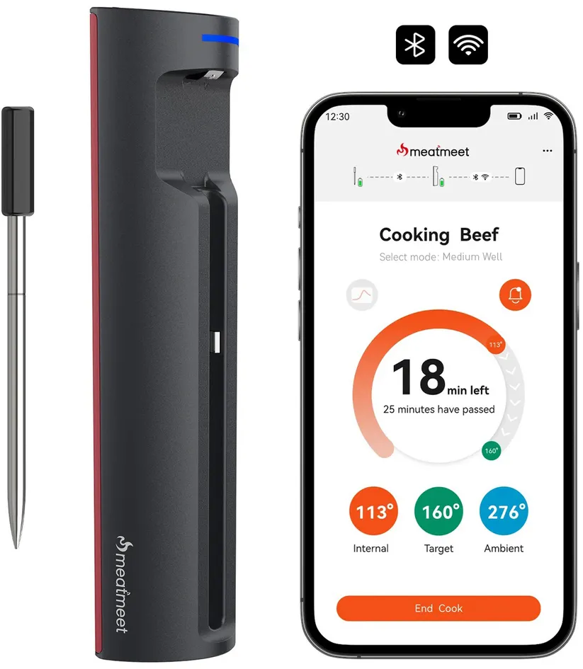 Meatmeet Pro smart kitchen thermometer with Bluetooth/WiFi app, grill, oven, smoker - black