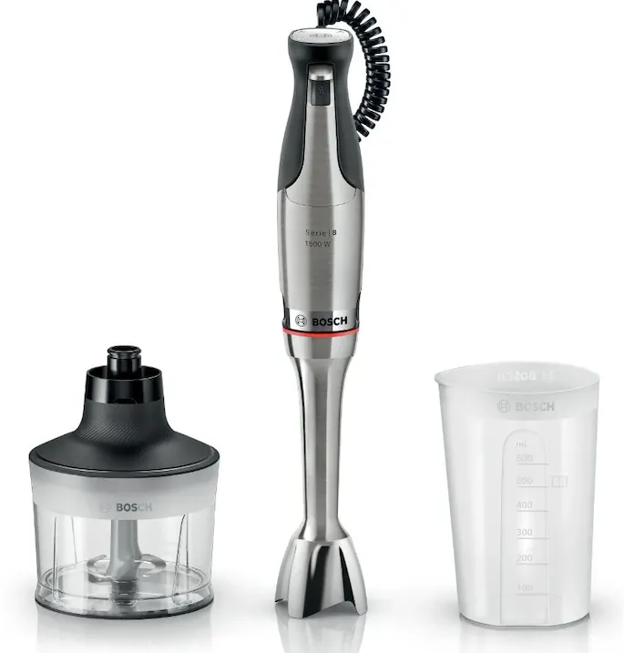 Mixer vertical Bosch ErgoMaster Seria 8 MSM8M930, 1500W, cutit cu 6 lame și Flow Booster cu sistem antisplash, picior mixare otel inoxidabil, pahar masurare, aparat de maruntit, Argintiu